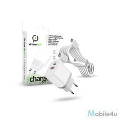   Dreamtech PD Charger Set USB-C+A 20W+QC3.0-s adapterrel és USB-C / USB-C kábellel FEHÉR