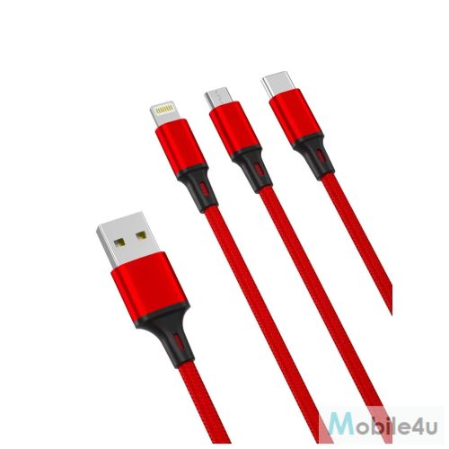 XO NB173 3in1 töltőkábel USB to Micro USB / Type-c / Lightning 1,2M 2,4A Piros