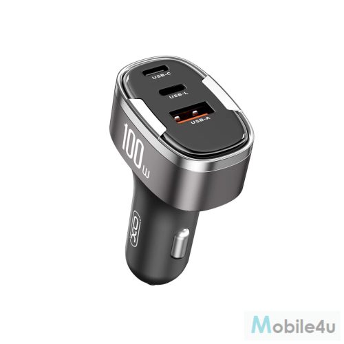 XO CC61 Szürke Autós Töltő 100W PD QC 3.0 - 1db USB-C + 1db USB-A + 1db Lightning foglalattal 