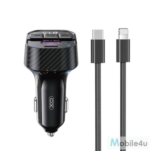 XO BCC17 FM Transzmitter Autós Töltő 30W, USB-C/Lightning kábellel a csomagban