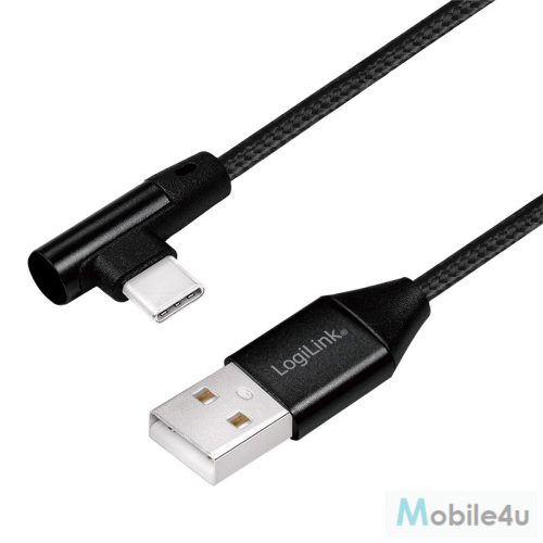 Logilink USB 2.0 Type-C kábel, C/M (90 )   USB-A/M, szövet, fekete, 0,3 m