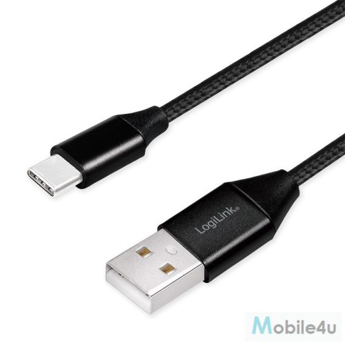 Logilink USB 2.0 Type-C kábel, C/M-USB-A/M, szövet, fekete, 0,3 m