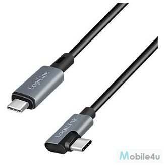 Logilink USB 2.0 Type-C kábel, C/M 90 fok - USB-C/M, E-jel, PD, fekete, 3 m