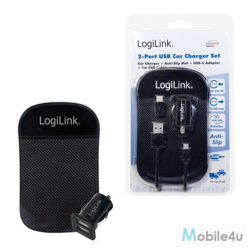 Logilink USB autós töltő, 2x USB port, 10.5W + csúszásgátló szőnyeg