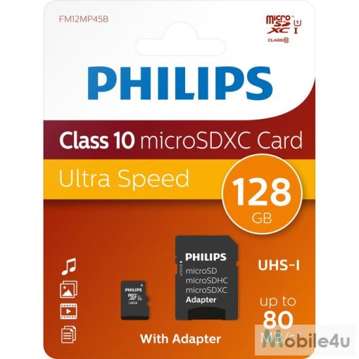 Philips Micro SDXC Memóriakártya 128GB Class 10 UHS-I U1 Adapter