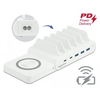   Delock USB és vezeték nélküli töltő 2 db. USB Type-C PD és 3 db. A-típusú USB 110 W-tal