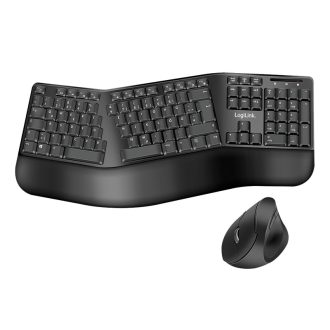   Logilink Ergonomikus vezeték nélküli német billentyűzetes egérkészlet osztott billentyűzettel, fekete