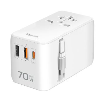   Logilink Univerzális utazó tápegység, 70 W (PD), 4x csatlakozások + kábel, tűzálló, fehér