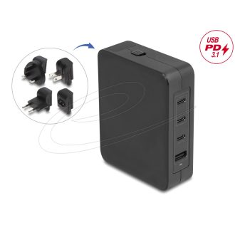   Delock USB GaN töltő 3 x USB Type-C  PD 3.1 és 1 x USB Type-A 145 W teljesítménnyel, tápadapterrel az EU/USA/UK számára