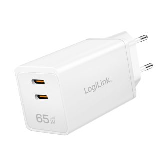   Logilink Kettős USB aljzatú adapter, GaN, 65 W, 2x USB-C (PD 3.0/QC 4.0), fehér