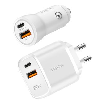   Logilink USB töltőkészlet, 20 W, 1x autós adapter és 1x fali adapter, 1x USB-A + 1x USB-C, fehér