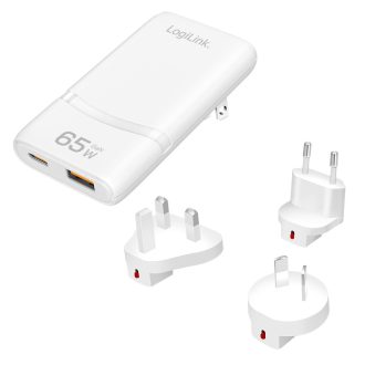   Logilink Kettős USB GaN utazótöltő, 65W, extra vékony, 1x USB-C (PD), 1x USB-A (QC), fehér