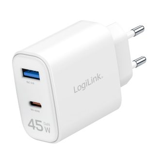   Logilink Kettős USB aljzatú adapter, 45 W, GaN, 1x USB-A, 1x USB-C, fehér