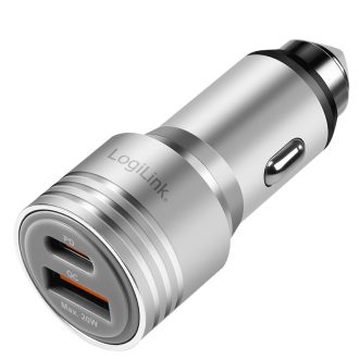   Logilink Kettős USB autós töltő, 20 W, USB-A (QC), USB-C (PD), ezüst