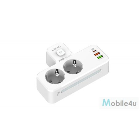 LDNIO elosztó 2 aljzattal, 2 USB-A, 1 USB-C kimenettel, Fehér