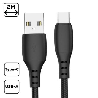 Szövet borítású Type-C adatkábel,2m, Fekete