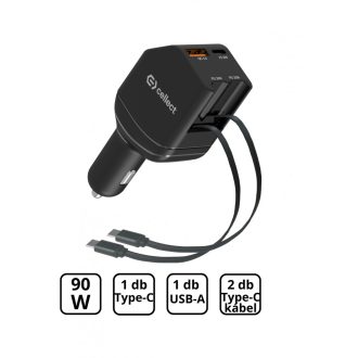   Autós töltő 2 db beépített kábellel gyorstöltéssel 90W,Fekete
