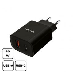   Hálózati gyorstöltő adapter 20W USB-A és C csatlakozóval, Fekete