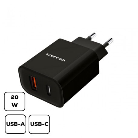 Hálózati gyorstöltő adapter 20W USB-A és C csatlakozóval, Fekete
