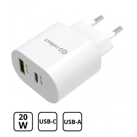 Hálózati gyorstöltő adapter 20W USB-A és C csatlakozóval, Fehér