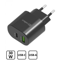   Hálózati gyorstöltő adapter 30W USB-A és C csatlakozóval, Fekete