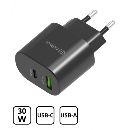Hálózati gyorstöltő adapter 30W USB-A és C csatlakozóval, Fekete