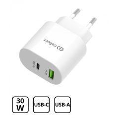   Hálózati gyorstöltő adapter 30W USB-A és C csatlakozóval, Fehér