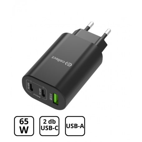 Hálózati gyorstöltő adapter 65W USB-A és C csatlakozóval, Fekete