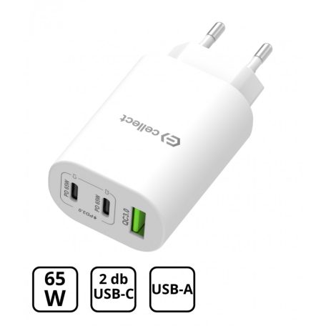 Hálózati gyorstöltő adapter 65W USB-A és C csatlakozóval, Fehér